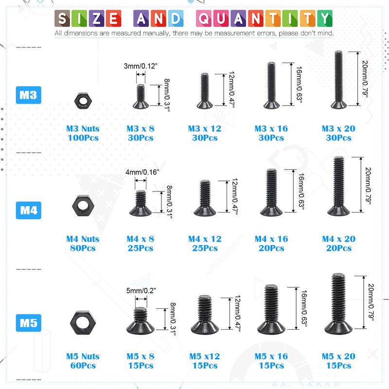 Glarks 510Pcs Metric M3 M4 M5 Alloy Steel Socket Cap Screws Hex Head Bolt Nuts Assortment Kit - Black Oxide Finish - Image 2